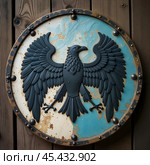An ancient round Viking shield with the image of a raven. Стоковое AI-изображение, AI-художник RamA / Фотобанк Лори