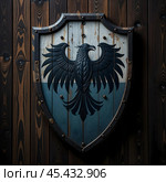 An ancient shield with the image of a raven bird on a white and blue background. Стоковое AI-изображение, AI-художник RamA / Фотобанк Лори