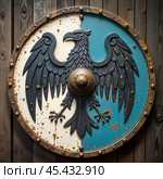 An ancient Viking shield with the image of a black raven. Стоковое AI-изображение, AI-художник RamA / Фотобанк Лори