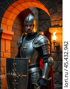 The knight at the entrance to the castle. Стоковое AI-изображение, AI-художник RamA / Фотобанк Лори
