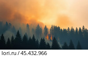 Сильный лесной пожар охватывает густой лес, создавая оранжевое, затянутое дымом небо, иллюстрирующее катастрофические последствия лесных пожаров. Стоковое AI-изображение, AI-художник ФотоИнтеллект / Фотобанк Лори