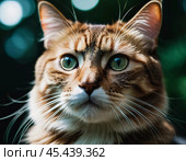 This beautiful cat with striking green eyes appears calm and composed. Its fur glistens against a blurred background, adding to its charm. Cats Felis are a genus of predatory mammals. Generative AI. Стоковое AI-изображение, AI-художник Юлия Петровская / Фотобанк Лори