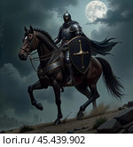 A knight in armor riding a horse with a shield. Стоковое AI-изображение, AI-художник RamA / Фотобанк Лори
