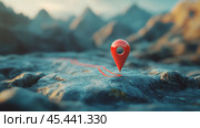 A detailed map with a prominent location marker set against a textured mountain landscape. Стоковое AI-изображение, AI-художник Юлия Гапеенко / Фотобанк Лори