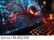 A digital rendering of a spider in cyberpunk style. The red glowing spider with bright eyes made of lines and dots seems to crawl out of the laptop screen. The background is a virtual grid of data and cyberspace, symbolizing the digital world. This painting is associated with the concept of cyber threats, viruses and digital security. The impressive palette of blue and red colors enhances the atmosphere of danger and high technology. Стоковое AI-изображение, AI-художник Анна Кривицкая / Фотобанк Лори