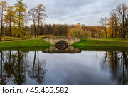 Гатчинский дворцовый парк золотой осенью. Карпин мост. Редакционное фото, фотограф Головкова Елена / Фотобанк Лори