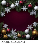 Holiday decorations featuring ornaments and snowflakes on a dark background for festive cheer and celebration. Christmas card with empty space for greetings. Стоковое AI-изображение, AI-художник Людмила Лесовая / Фотобанк Лори