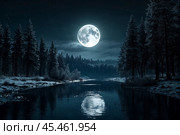 Scenery of dark cold fairy forest, dramatic scene with trees, big moon at river, moonlight. Shadow landscape in night woodland, moon reflection in river. Futuristic tale concept. Copy ad text space. Стоковое AI-изображение, AI-художник Aleksandr Golubev / Фотобанк Лори