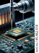 Close-up of silicon die being removed from wafer and attached to substrate using digital device. Manufacturing computer chips in semiconductor factory. Electronic industry concept. Copy ad text space. Стоковое AI-изображение, AI-художник Aleksandr Golubev / Фотобанк Лори