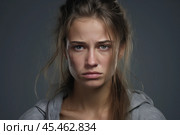 Portrait of a crying caucasian girl with bruised skin on grey studio background. Domestic violence, portrait of abused and hurt young woman crying at home. Sadness and depression concept. Стоковое AI-изображение, AI-художник Sergey Grishin / Фотобанк Лори