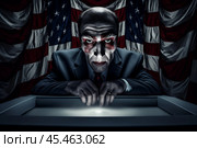 Election fraud. Corruption deceitful politician, campaign promises, bribes. Anti-corruption fight stealing money from budget. Theft of public Theft of public bulletins with US American flag on background. Стоковое AI-изображение, AI-художник Sergey Grishin / Фотобанк Лори