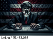 Election fraud. Corruption deceitful politician, campaign promises, bribes. Anti-corruption fight stealing money from budget. Theft of public bulletins with US American flag on background. Стоковое AI-изображение, AI-художник Sergey Grishin / Фотобанк Лори