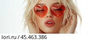 A blonde with expressive features, radiating youth and beauty. Bold makeup, particularly the vibrant cherry-red lips, adds a touch of directness and charm. Стоковое AI-изображение, AI-художник Ярославский Максим / Фотобанк Лори