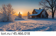 Winter landscape. A rustic house in the snowdrifts. Trees in the snow and frost. An atmosphere of peace and harmony with nature. Rural life. Стоковое AI-изображение, AI-художник Photojuli / Фотобанк Лори