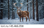 A red deer with shiny big horns in a Christmas garland in snowy weather against a forest background. Стоковое AI-изображение, AI-художник Photojuli / Фотобанк Лори