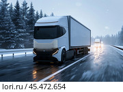 Autopilot smart self drive truck ride delivering goods scanning road covered in snow with artificial sensor information of road conditions and traffic. Transportation of goods over long distances. Стоковое AI-изображение, AI-художник Sergey Grishin / Фотобанк Лори