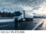 Autopilot smart self drive truck ride delivering goods scanning road covered in snow with artificial sensor information of road conditions and traffic. Transportation of goods over long distances. Стоковое AI-изображение, AI-художник Sergey Grishin / Фотобанк Лори