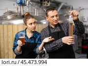 Man and woman brewmasters measuring beer with alcoholometer. Стоковое фото, фотограф Яков Филимонов / Фотобанк Лори