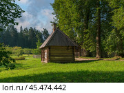 View of the traditional log Russian house in the Mikhailovskoye estate of the Pushkin Museum-Reserve on a sunny summer day, Pushkinskiye Gory, Pskov region, Russia. Редакционное фото, фотограф Ula Ulachka / Фотобанк Лори