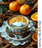 A cup of hot strong coffee with original foam, tangerines. New Year's dessert. Festive atmosphere of the New Year. Стоковое AI-изображение, AI-художник Сергей Елизарьев / Фотобанк Лори
