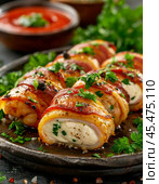 Chicken fillet rolls with mozzarella and herbs, in bacon, incredibly tasty, tender and appetizing. Enjoy your meal! Стоковое AI-изображение, AI-художник Сергей Елизарьев / Фотобанк Лори