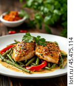 Chicken with green beans and sweet peppers in a creamy sauce. Enjoy your meal! Стоковое AI-изображение, AI-художник Сергей Елизарьев / Фотобанк Лори