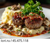 Beef patties with bacon, baked in a creamy mushroom sauce. Enjoy your meal! Стоковое AI-изображение, AI-художник Сергей Елизарьев / Фотобанк Лори