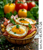 Ham and eggs in potato baskets. Enjoy your meal! Стоковое AI-изображение, AI-художник Сергей Елизарьев / Фотобанк Лори