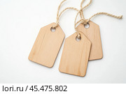 Label tag mockup. Wooden tag set hanging isolated on white background. Blank Gift or Price Tab with string cord knot. Price Label With Rope. Empty space for text. Price labeling or gift tagging. Sale. Стоковое AI-изображение, AI-художник Марина Демидюк / Фотобанк Лори
