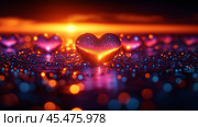 Shimmering glass hearts illuminated by vibrant colors for a romantic atmosphere on Valentine's Day. Стоковое AI-изображение, AI-художник Людмила Лесовая / Фотобанк Лори