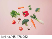 Various colorful vegetables falling at pale pink background. Flying veggie on a plain pastel color backdrop. Healthy food. Detox and dieting concept. Fresh carrot, pepper, broccoli, tomato levitating. Стоковое фото, фотограф Марина Демидюк / Фотобанк Лори