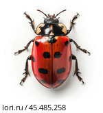 Endomychus coccineus, a beautiful red and black fungus beetle, isolated on white background. Стоковое AI-изображение, AI-художник Иван Рябоконь / Фотобанк Лори