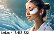 A serene woman with hydrogel eye patches in a skincare setting with water-themed background, illustrating self-care and beauty routine. Стоковое AI-изображение, AI-художник Igor Tichonow / Фотобанк Лори