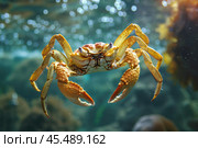 Yellow crab swimming underwater in aquarium. Стоковое AI-изображение, AI-художник Иван Рябоконь / Фотобанк Лори
