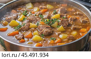Simmering hot beef stew bubbling in a pot. Стоковое AI-видео, аниматор Юрий Поздников / Фотобанк Лори