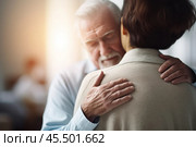 Close up doctor touching and hugging patient at meeting in hospital, caring physician gp comforting and supporting unhealthy person at medical appointment, psychological help concept. Стоковое AI-изображение, AI-художник Sergey Grishin / Фотобанк Лори