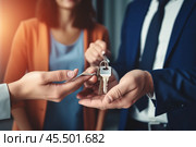 Cropped close up view happy couple receiving keys from new own property, finish meeting in real estate agency lead by realtor in formal suit. Bank mortgage for young family, selling, renting concept. Стоковое AI-изображение, AI-художник Sergey Grishin / Фотобанк Лори