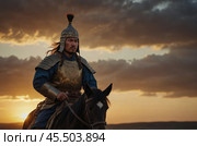 A Mongol warrior of the 14th century at sunset. Стоковое AI-изображение, AI-художник Александр Поташев / Фотобанк Лори
