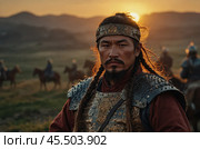 A Mongol warrior of the 14th century at sunset. Стоковое AI-изображение, AI-художник Александр Поташев / Фотобанк Лори