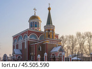 Градо-Абаканский храм равноапостольных Константина и Елены, город Абакан, Республика Хакасия, Сибирь, Россия. Зимний вид на красивую православную церковь. Стоковое фото, фотограф Андрей Степанов / Фотобанк Лори