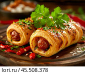 Sausages in dough (corn dog). Enjoy your meal! Стоковое AI-изображение, AI-художник Сергей Елизарьев / Фотобанк Лори