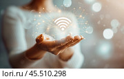 Символ Вай Фай (Wi-FI) на ладоне. Стоковое AI-изображение, AI-художник Александр Жуков / Фотобанк Лори