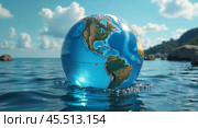 Глобус плавает в спокойном море. Большой резиновый земной шар в воде. Планета Земля крупным планом. Концепция экологии и бережного отношения к природе. Стоковое AI-изображение, AI-художник Ирина / Фотобанк Лори