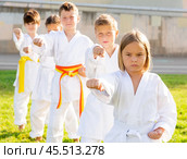 Tween girls and boys exercising taekwondo techniques on green lawn. Стоковое фото, фотограф Яков Филимонов / Фотобанк Лори