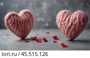 The banner. Background for Valentine's Day. Knitted hearts with festive lights in the form of a side in the background. a mock-up of an invitation card for a Valentine's Day party, a place to copy. Стоковое AI-изображение, AI-художник Photojuli / Фотобанк Лори