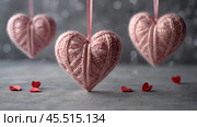 The banner. Background for Valentine's Day. Knitted hearts with festive lights in the form of a side in the background. a mock-up of an invitation card for a Valentine's Day party, a place to copy. Стоковое AI-изображение, AI-художник Photojuli / Фотобанк Лори