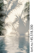 Reflections of palm shadows on tranquil water in an elegant outdoor setting. Стоковое AI-изображение, AI-художник Юлия Гапеенко / Фотобанк Лори