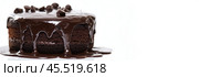 Whole Round Sacher torte wide long banner. Brown Chocolate famous Sachertorte cake with apricot jam on white background. Typical Austrian original brown sponge cake dessert with spreading cocoa glaze. Стоковое AI-изображение, AI-художник Марина Демидюк / Фотобанк Лори