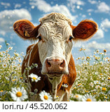 Корова на лугу , поле из ромашек. Стоковое AI-изображение, AI-художник Алексей Смирнов / Фотобанк Лори