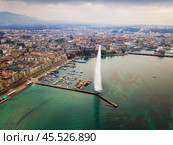 Aerial view of the fountain on the Lake Leman. Geneva. Стоковое фото, фотограф Яков Филимонов / Фотобанк Лори